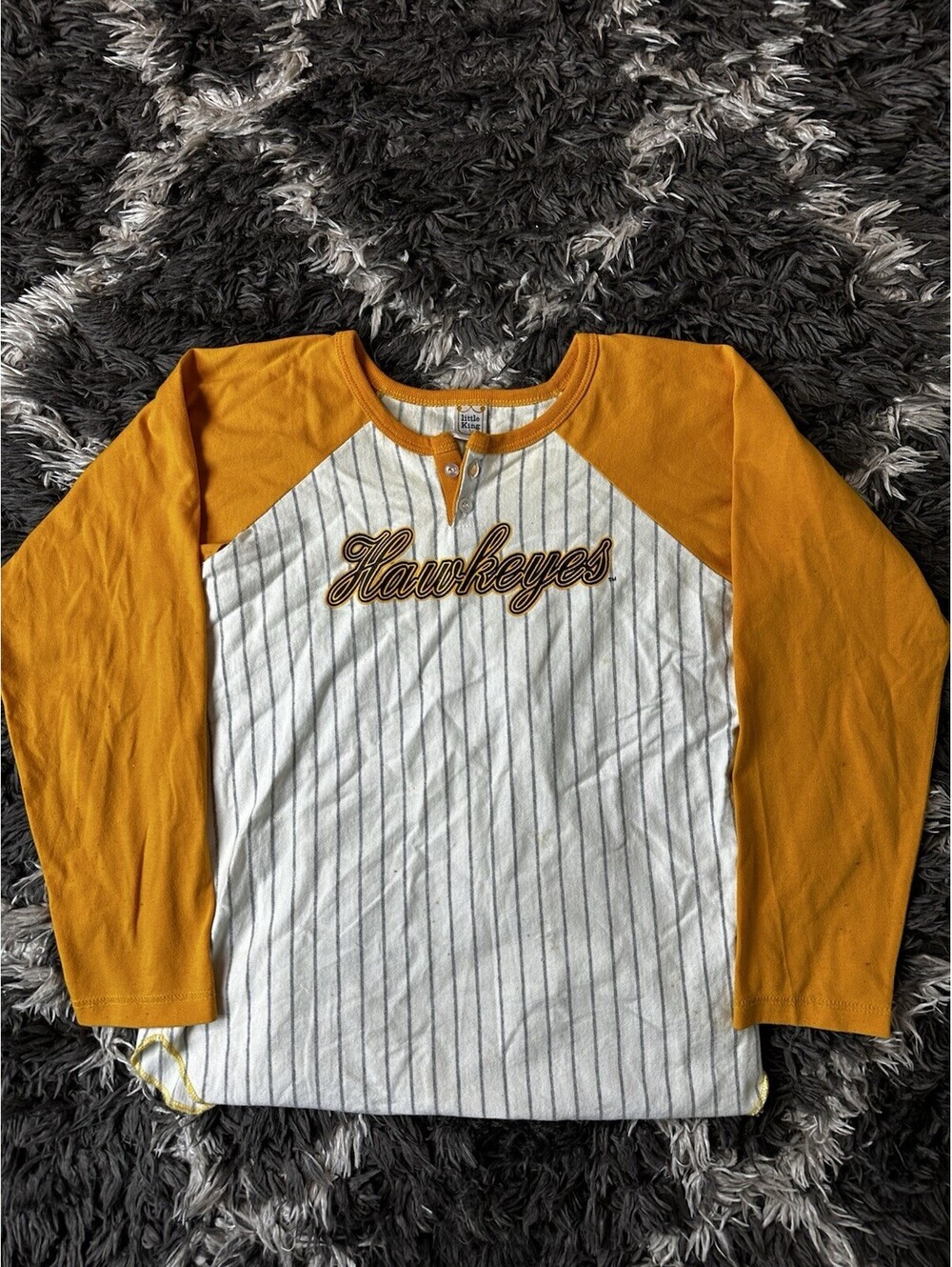 Vintage 80s Little King Hawkeyes Youth Large Pinstripe Raglan Shirt USA